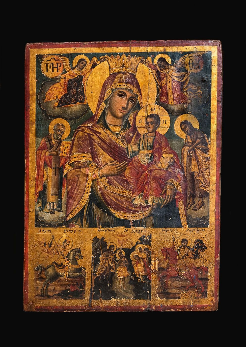 CHEF-D'ŒUVRE DE L'ÉCOLE VÉNÉTO-CRÉTOISE DU XVE SIÈCLE - Rarissime et muséale tempera sur bois du début du XVe siècle avec fond or "MADONE AVEC L'ENFANT, ANGES, SAINTS ET LE BAPTÊME DU CHRIST"